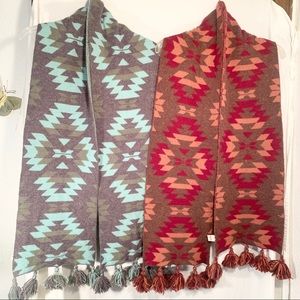 (2) DOUBLE SIDED MOSSIMO NYLON BLEND, FRINGE TRIM 65 X 9 1/2 SCARVES